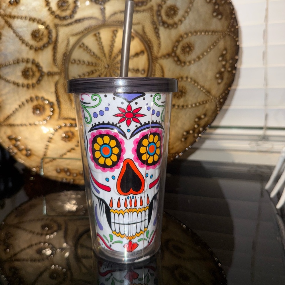 Colorful Sugar Skull Tumbler with Straw